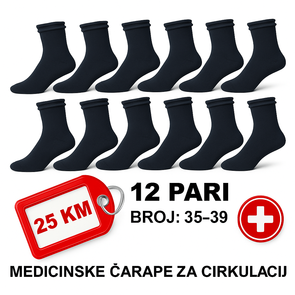 12 Pari Pamučnih Medicinskih Čarapa bez Gumice - SAMO KLIKNI