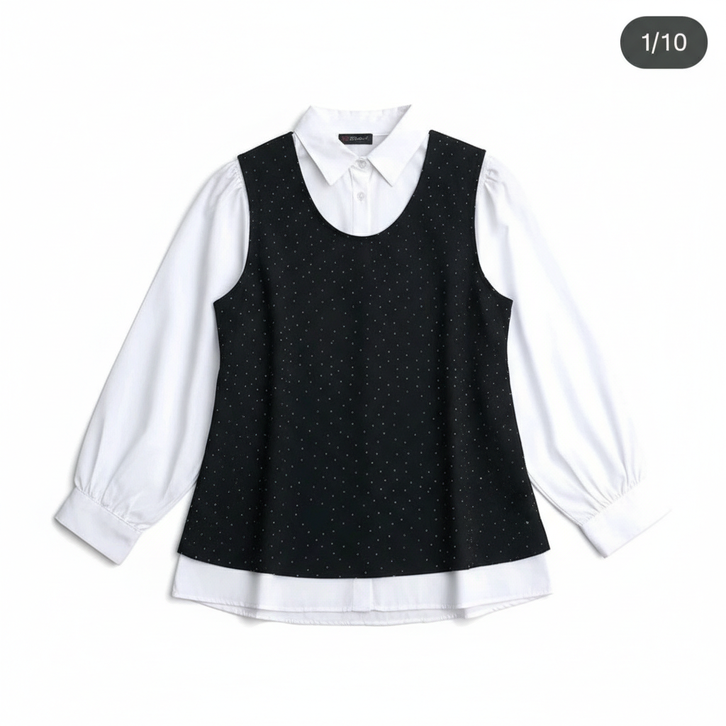 Elegantni Dvodijelni Set: Bijela Košulja i Crni Top na Točkice Slika 1