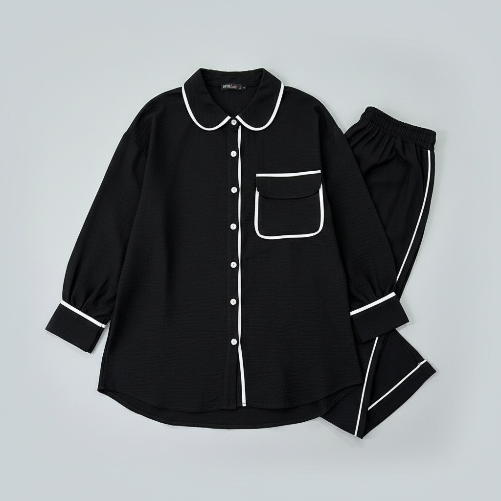 Elegantni Crni Komplet UMS s Bijelim Porubom - Košulja i Hlače Slika 1