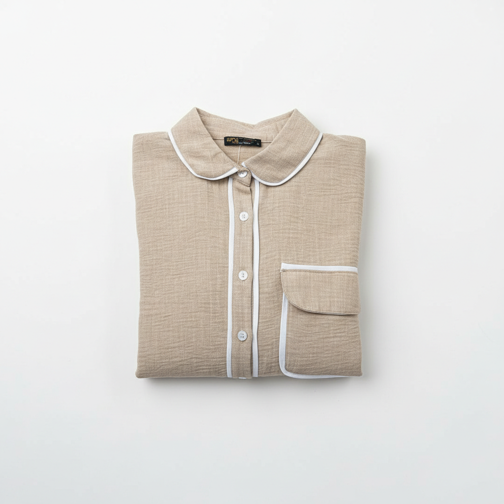 Elegantni Bež Komplet Košulja i Hlače s Bijelim Rubovima Slika 1