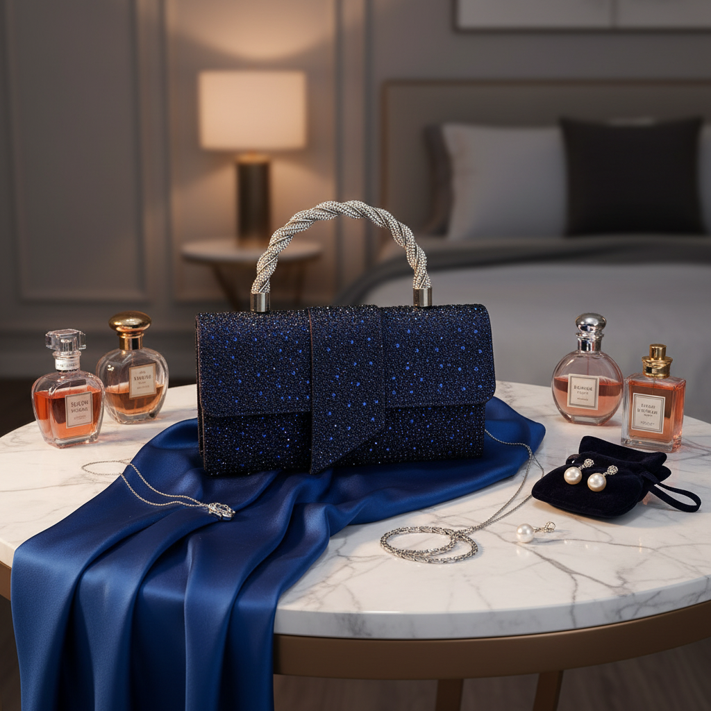 Elegantna Pjenušava Tamno Plava Večernja Torbica s Kristalima i Twist Drškom Slika 6