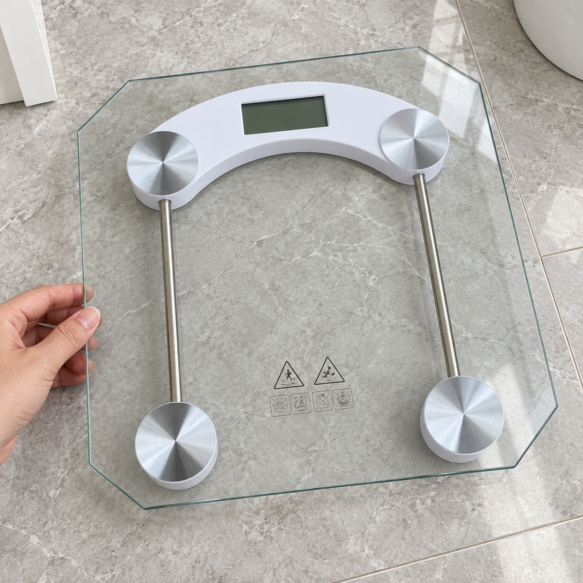 Četvrtasta staklena vaga za osobe do 180 kg – prikaz izbliza
