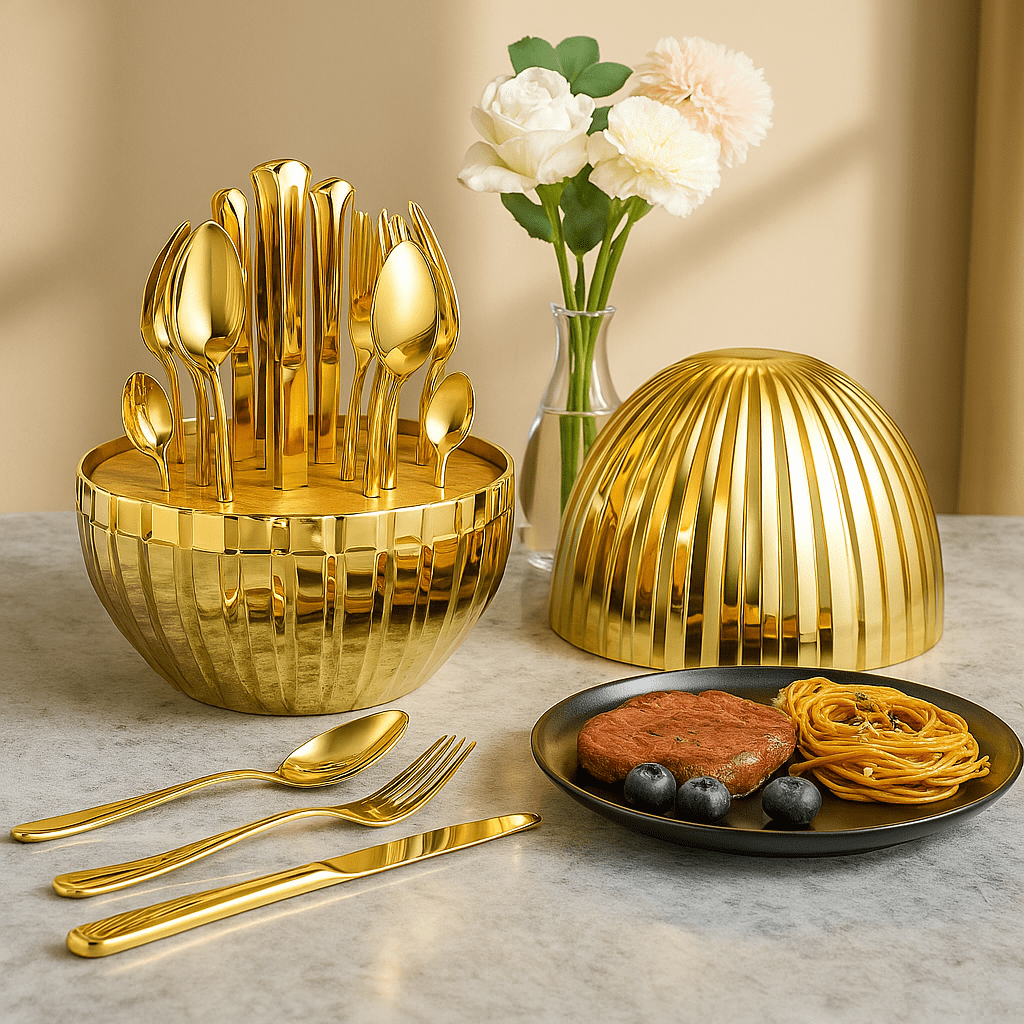 24‑dijelni zlatni set pribora za jelo s elegantnim postoljem - SAMO KLIKNI