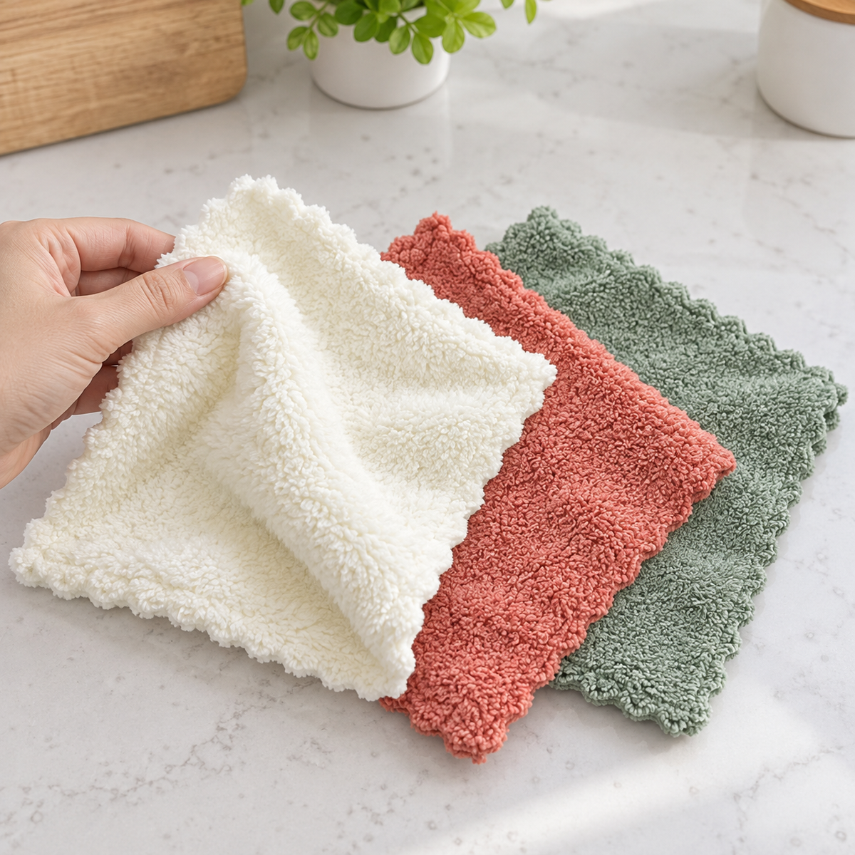 Krpe 30 × 30 cm, 3 komada – Plišasta tekstura – prikaz uz ruku