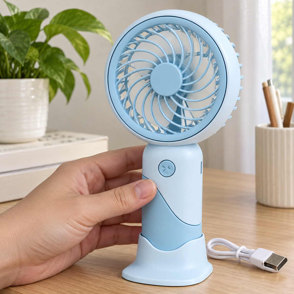 Ručni mini USB ventilator S520 s postoljem – plavi primjer – detalj u ruci