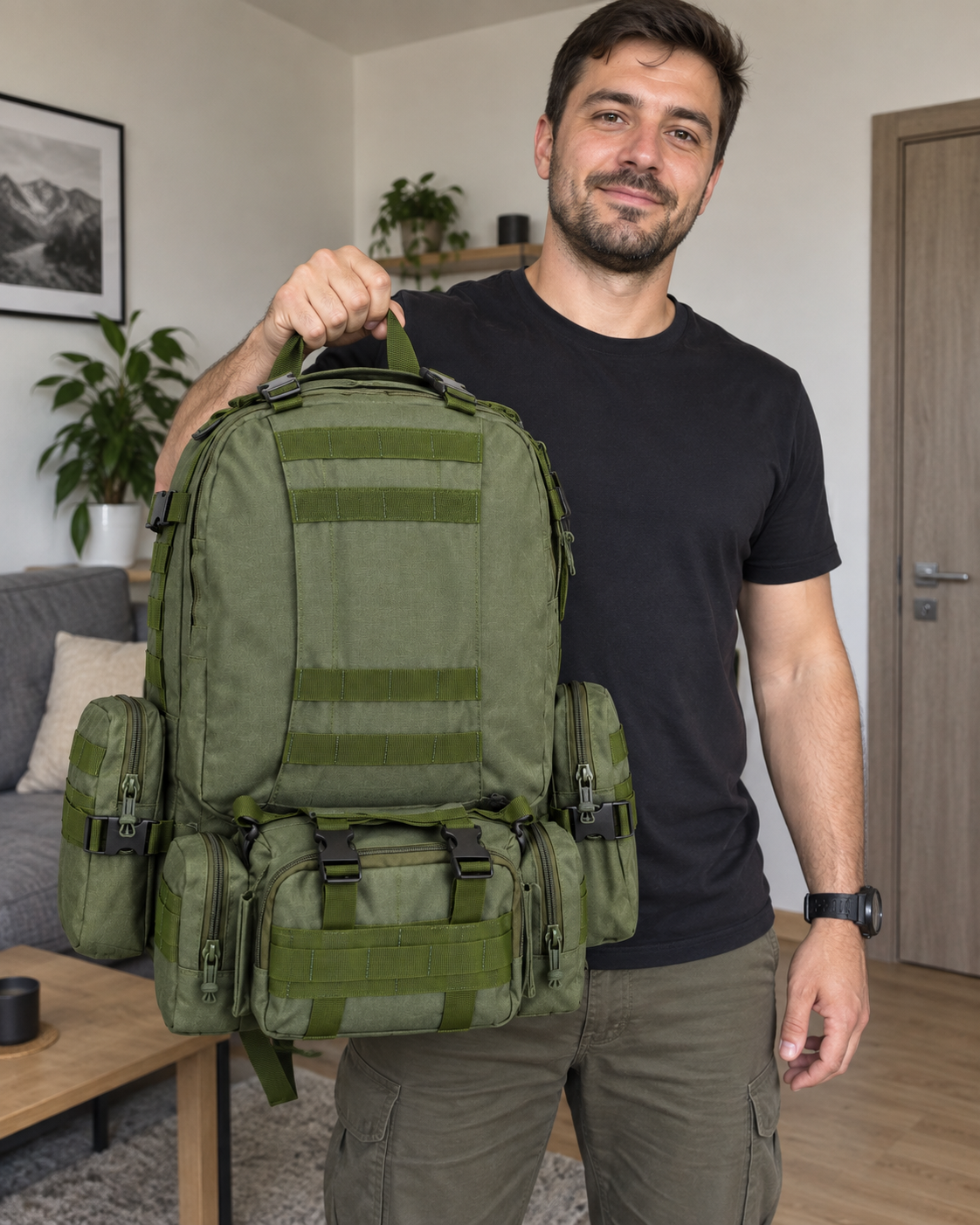 Taktički ruksak G100001 s odvojivim torbicama — AI ilustracija u UGC stilu