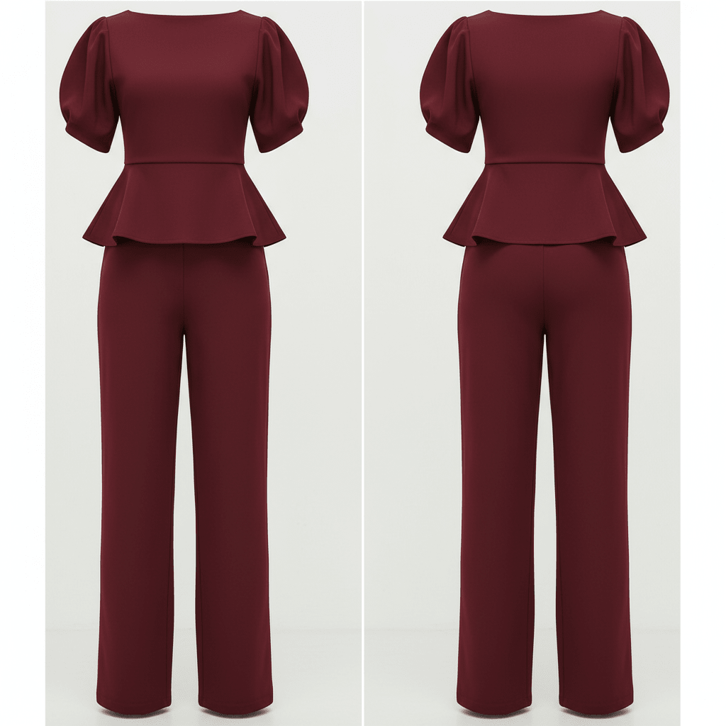Elegantni Bordo Peplum Komplet s Hlačama – Ženska odjeća – S Bordo – slika 6