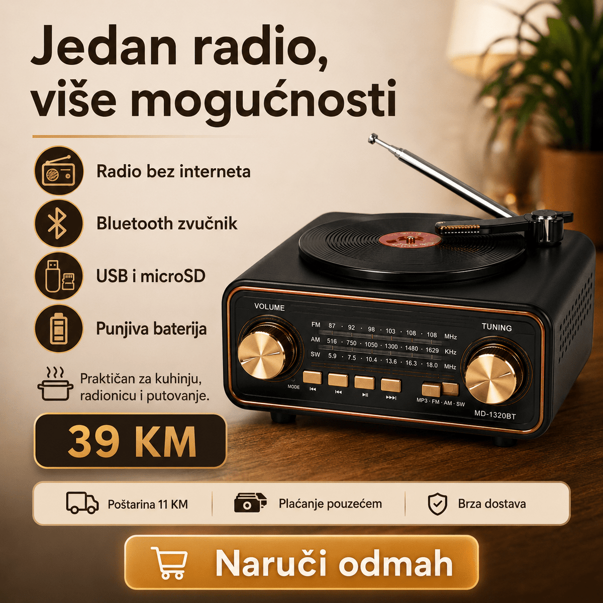Prijenosni Retro Radio MD-1320BT s Bluetoothom – Radio uređaji – – slika 7