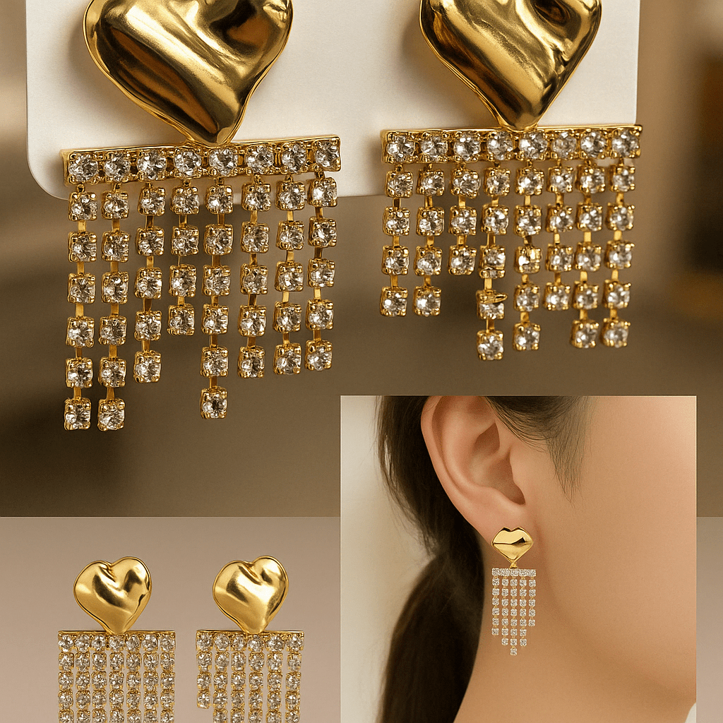 Set od 12 pari visećih naušnica “Zlatno srce i kristalne rese" - SAMO KLIKNI