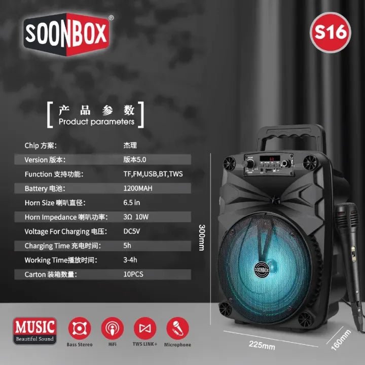 SOONBOX S16 – Bežični Bluetooth Zvučnik s Mikrofonom - SAMO KLIKNI