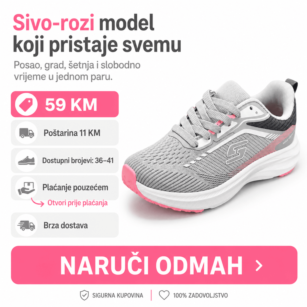 Ženske Sive Sportske Tenisice s Ružičastim Detaljima – Ženske tenisice – 36 – slika 8