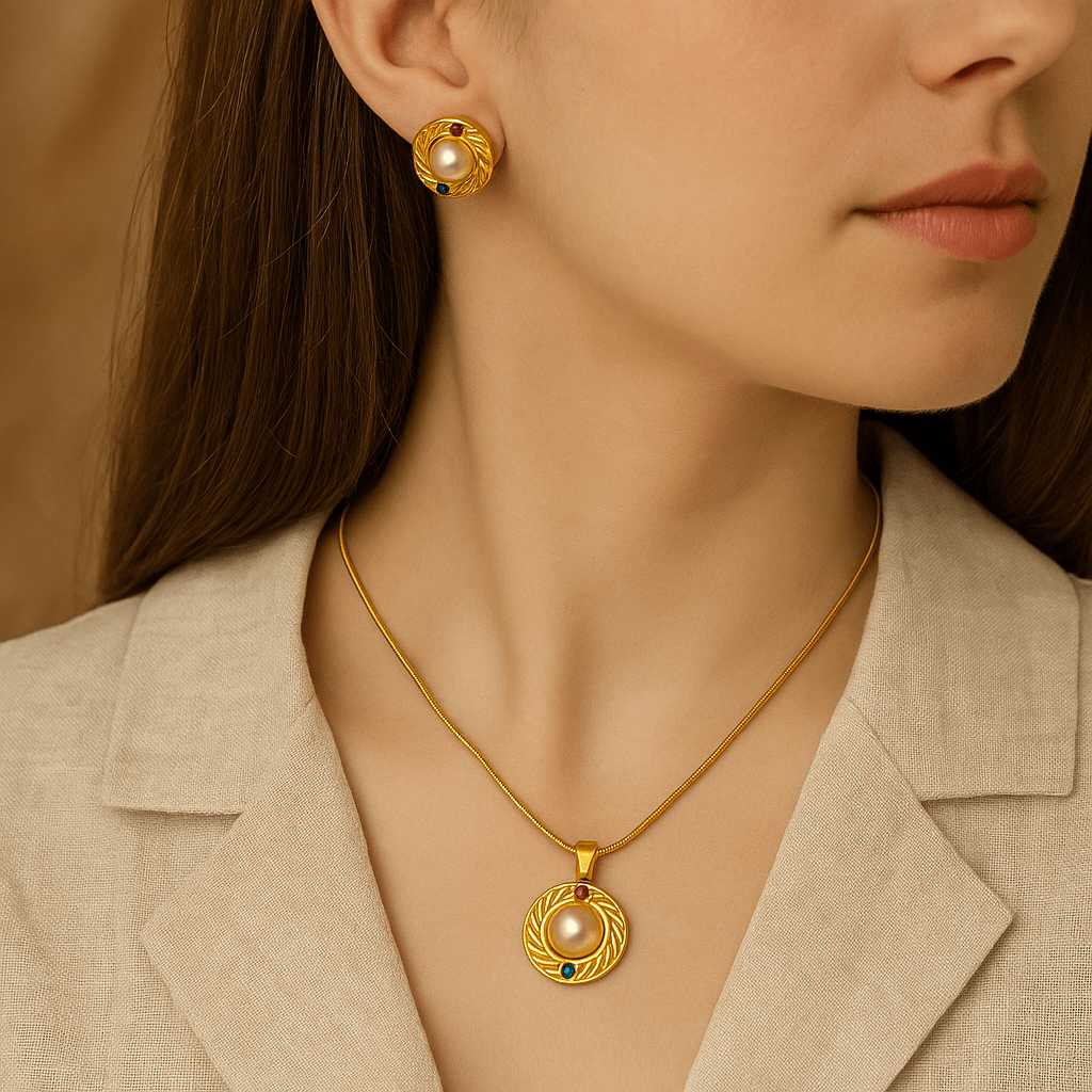 Zlatni set od čelika s bisernim detaljima - SAMO KLIKNI