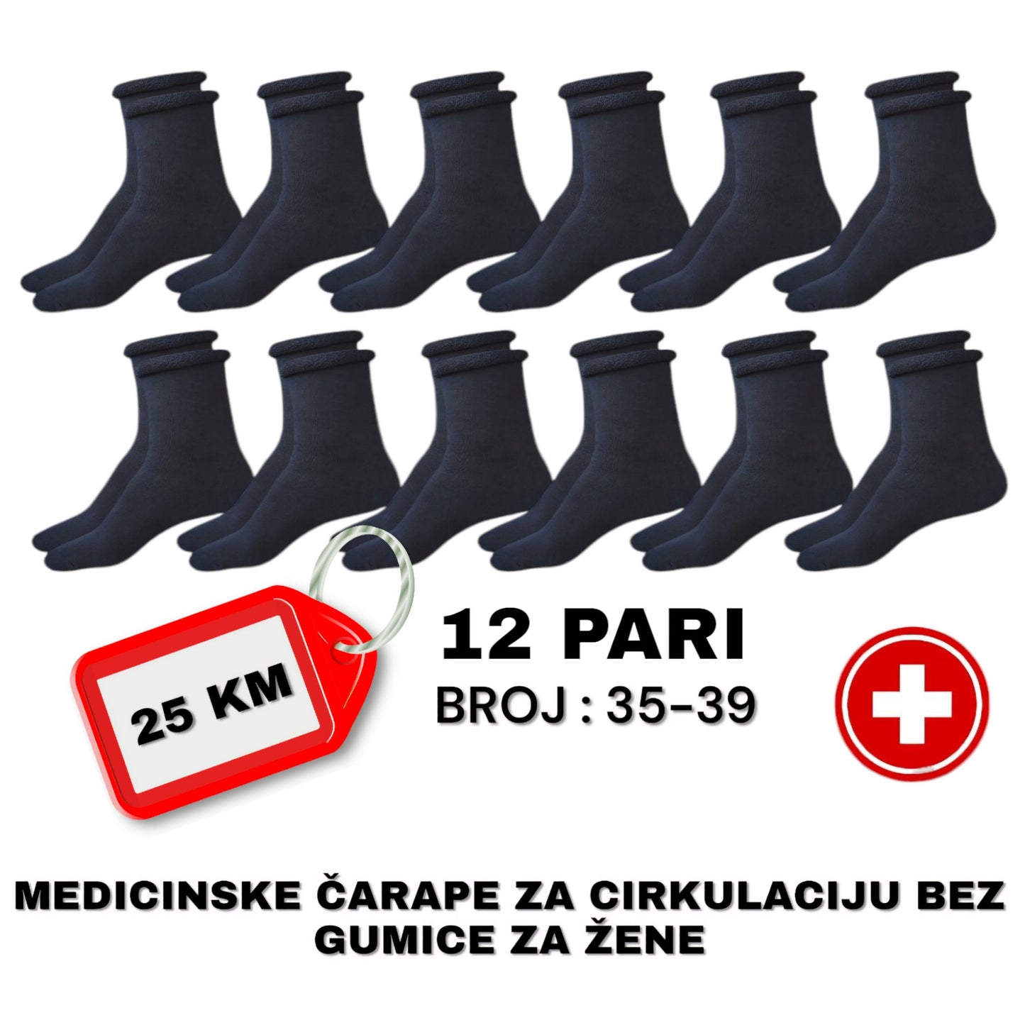 12 Pari Pamučnih Medicinskih Čarapa bez Gumice - SAMO KLIKNI