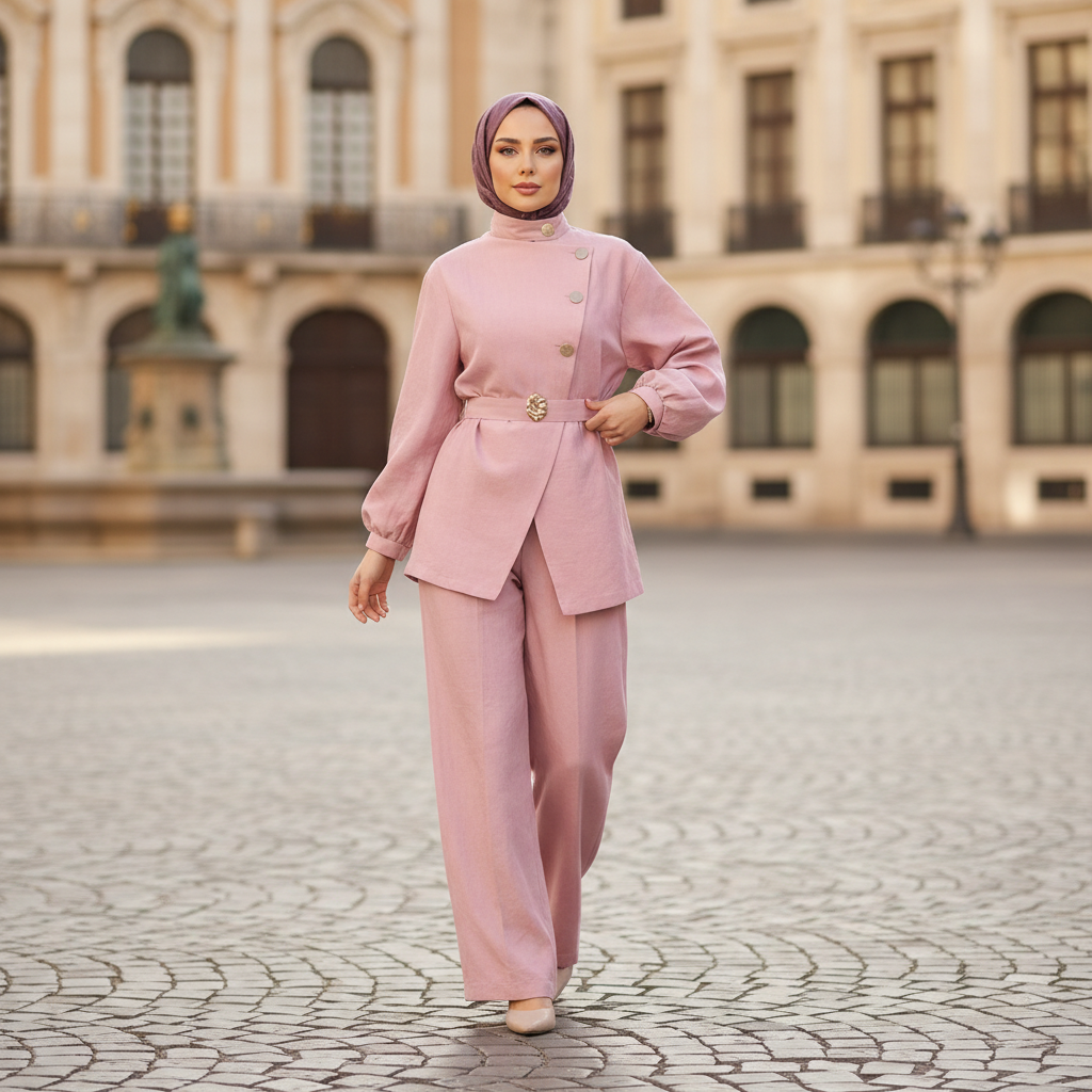 Elegantni Roza Laneni Komplet s Pojasom Slika 2