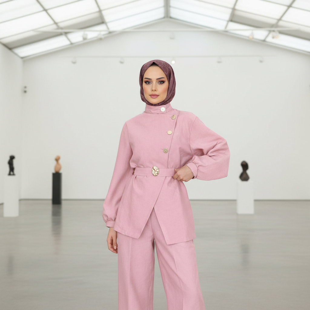 Elegantni Roza Laneni Komplet s Pojasom Slika 4