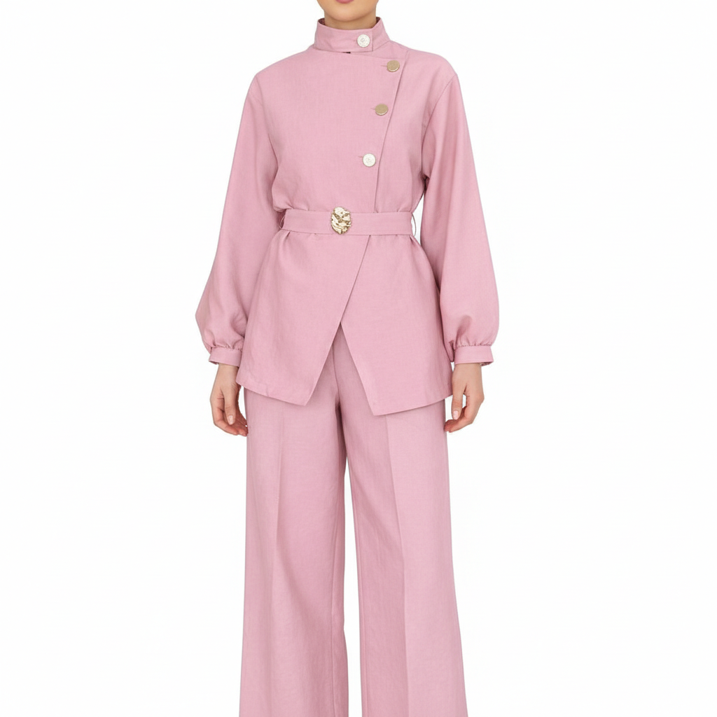 Elegantni Roza Laneni Komplet s Pojasom Slika 1