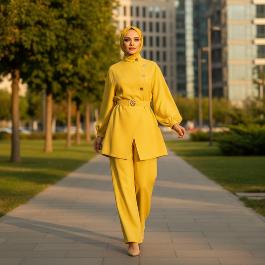 Elegantni Žuti Komplet Hlače i Tunika s Pojasom Slika 3