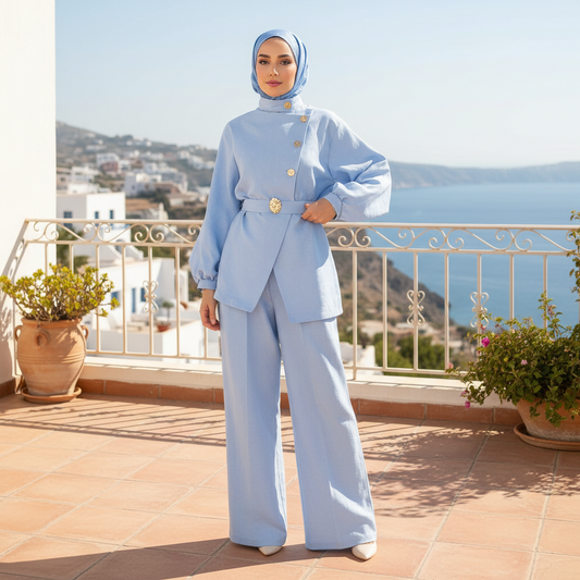 Elegantni Laneni Dvodijelni Komplet s Pojasom i Zlatnim Detaljima - Svijetloplavi Slika 4