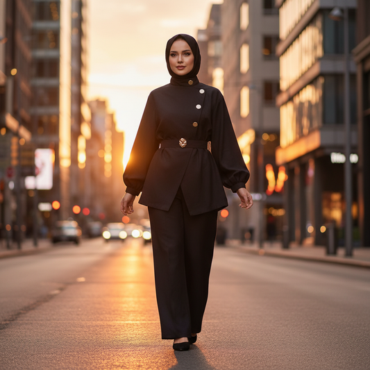 Elegantan Dvodijelni Modni Komplet sa Zlatnim Detaljima - Crni Slika 2