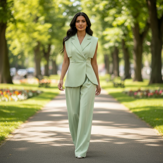 Elegantni Ženski Komplet Odijelo | Sako Bez Rukava & Široke Pantalone Slika 2