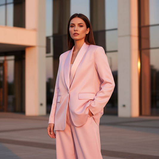 Elegantni Ženski Komplet: Roza Blazer i Hlače sa Satin Detaljima Slika 4