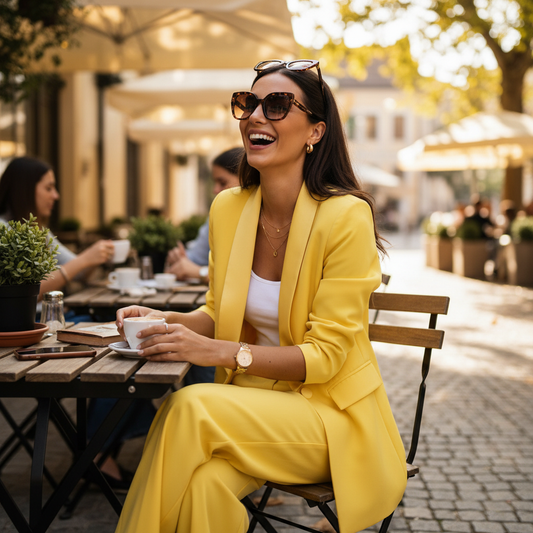 Elegantni Žuti Komplet: Poslovni Blazer i Hlače Širokih Nogavica Slika 4