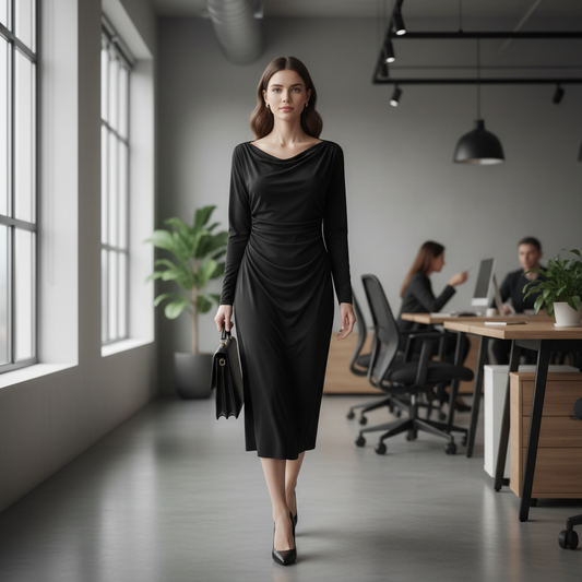 Elegantna Crna Midi Haljina s Dugim Rukavima i Asimetričnim Izrezom Slika 1-2