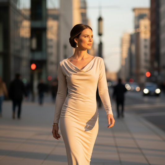 Elegantna Krem Midi Haljina | Drapirani Izrez i Dugi Rukavi Slika 2