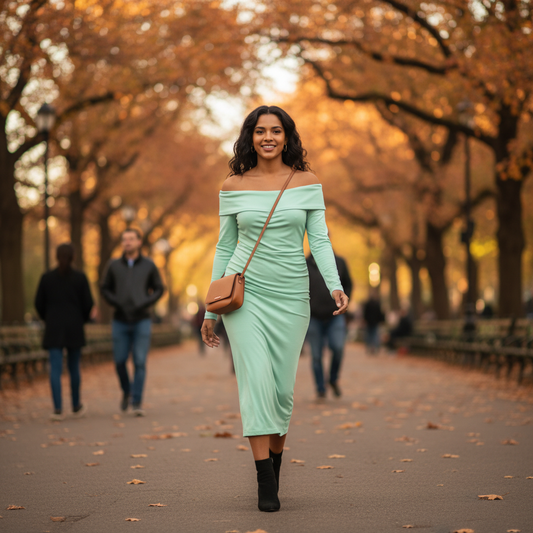 Elegantna Midi Haljina s Drapiranim Izrezom i Dugim Rukavima - Mint Zelena Slika 2