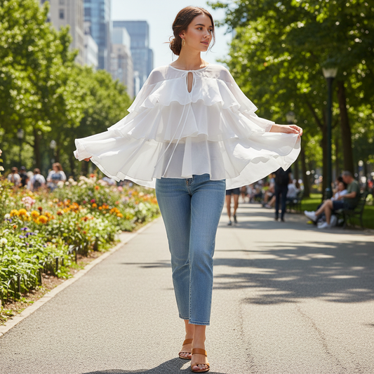 Elegantna Bijela Bluza s Višeslojnim Volanima i Vezanjem Slika 3