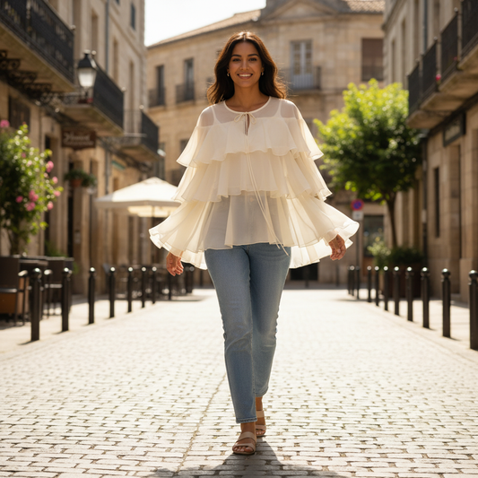 Elegantna Krem Bluza s Volanima - Univerzalna Veličina Slika 2