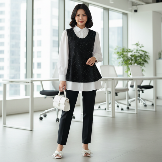 Elegantni Dvodijelni Set: Bijela Košulja i Crni Top na Točkice Slika 2