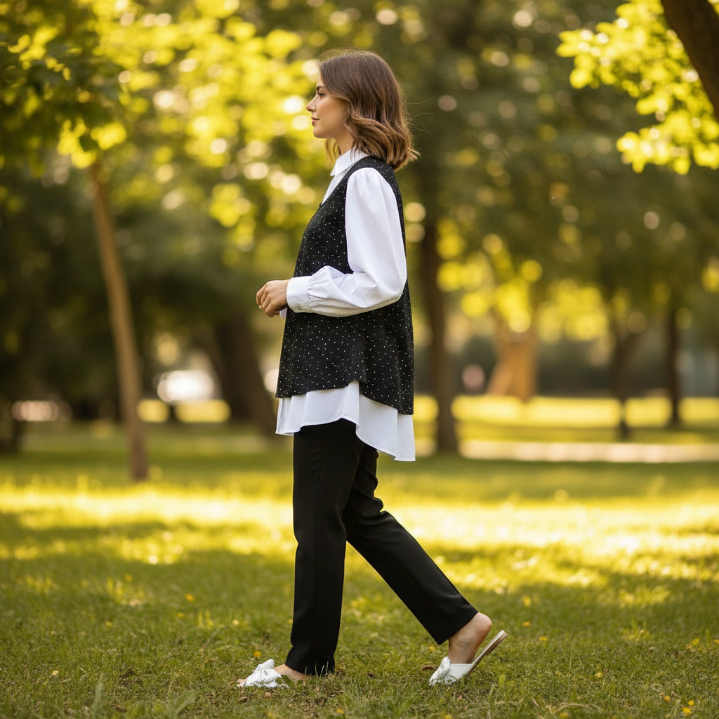 Elegantni Dvodijelni Set: Bijela Košulja i Crni Top na Točkice Slika 3