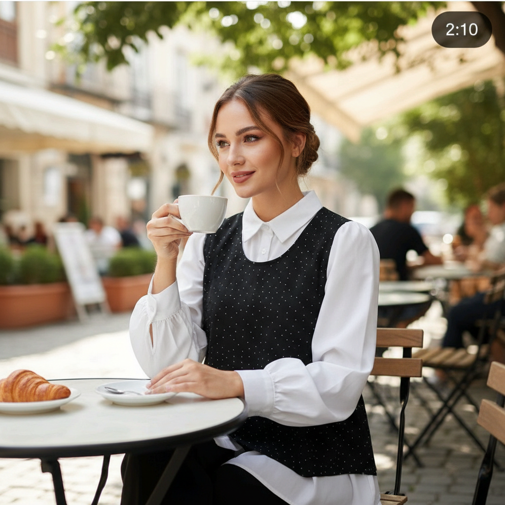 Elegantni Dvodijelni Set: Bijela Košulja i Crni Top na Točkice Slika 4