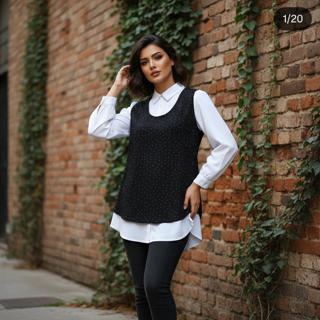 Elegantni Dvodijelni Set: Bijela Košulja i Crni Top na Točkice Slika 5