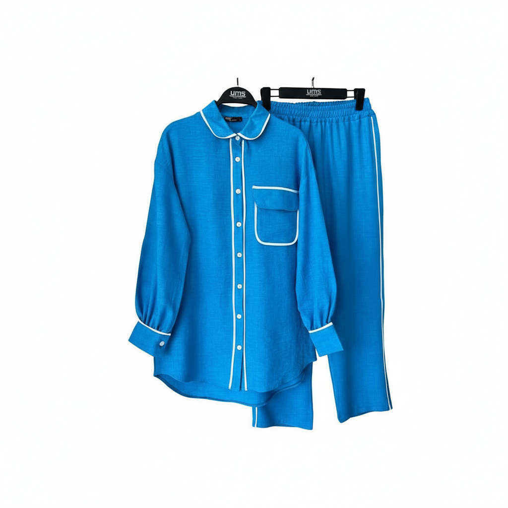 Elegantni UMS Plavi Komplet Košulja i Hlače s Bijelim Detaljima Slika 1