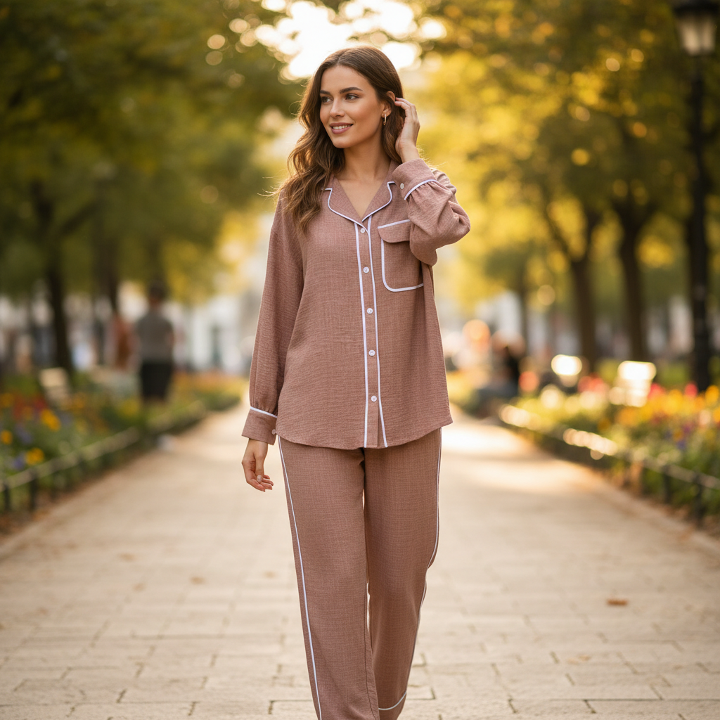 Elegantni Dvodijelni Komplet UMS - Košulja i Hlače Boja Terakote Slika 2