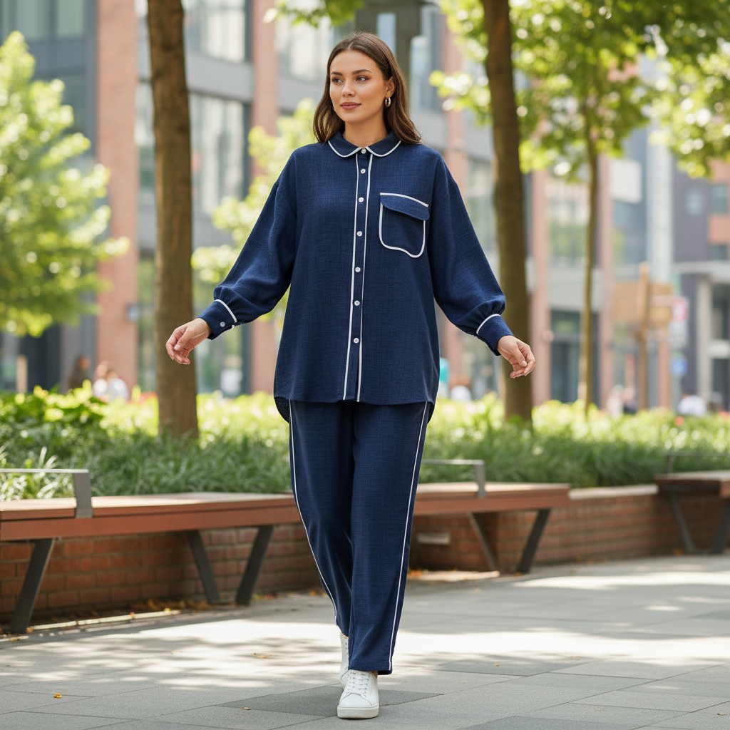 Udoban Ženski Lounge Set - Teget Košulja i Hlače sa Bijelim Detaljima Slika 3