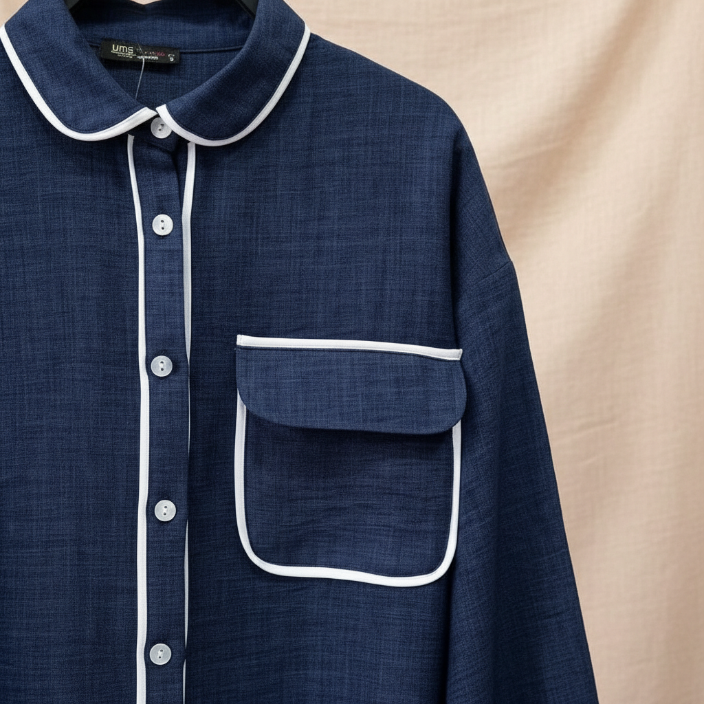 Udoban Ženski Lounge Set - Teget Košulja i Hlače sa Bijelim Detaljima Slika 4