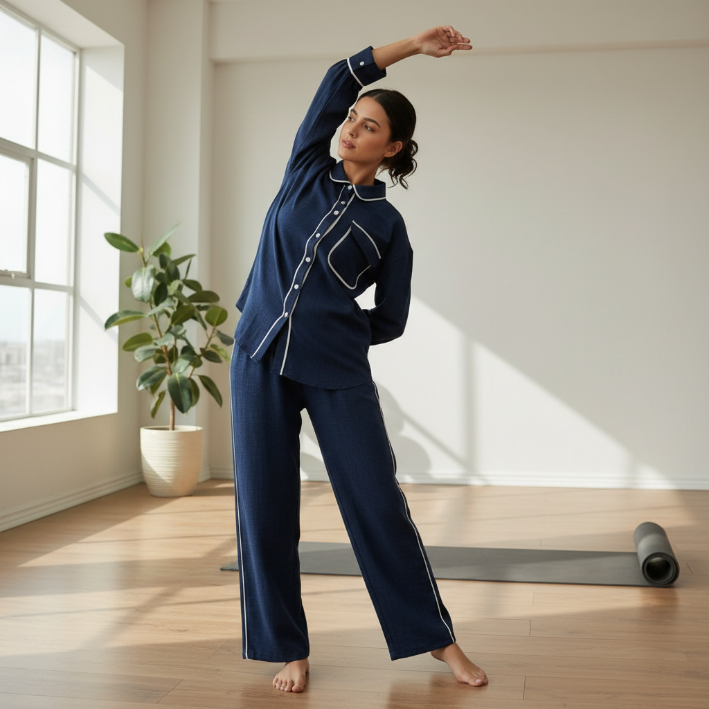 Udoban Ženski Lounge Set - Teget Košulja i Hlače sa Bijelim Detaljima Slika 5