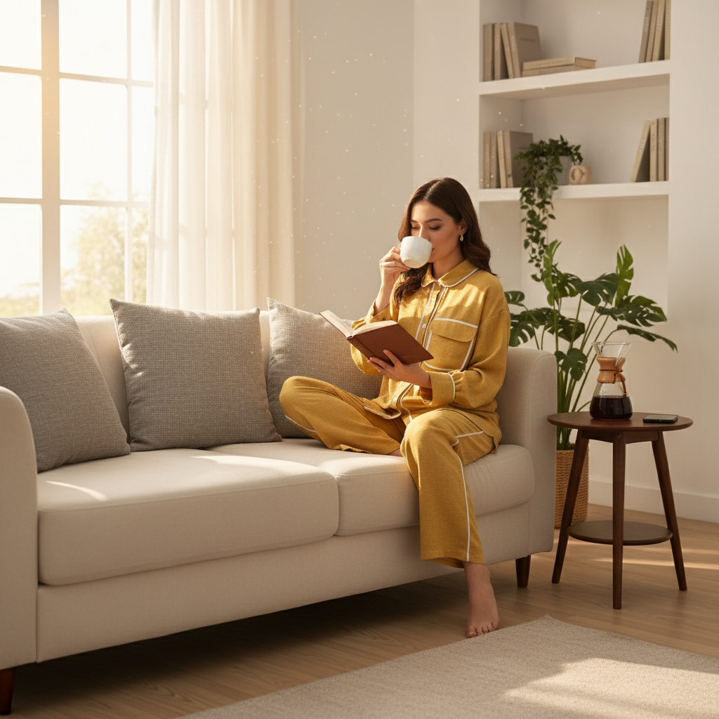 Udobni Loungewear Komplet Senf Žute Boje s Bijelim Detaljima Slika 2