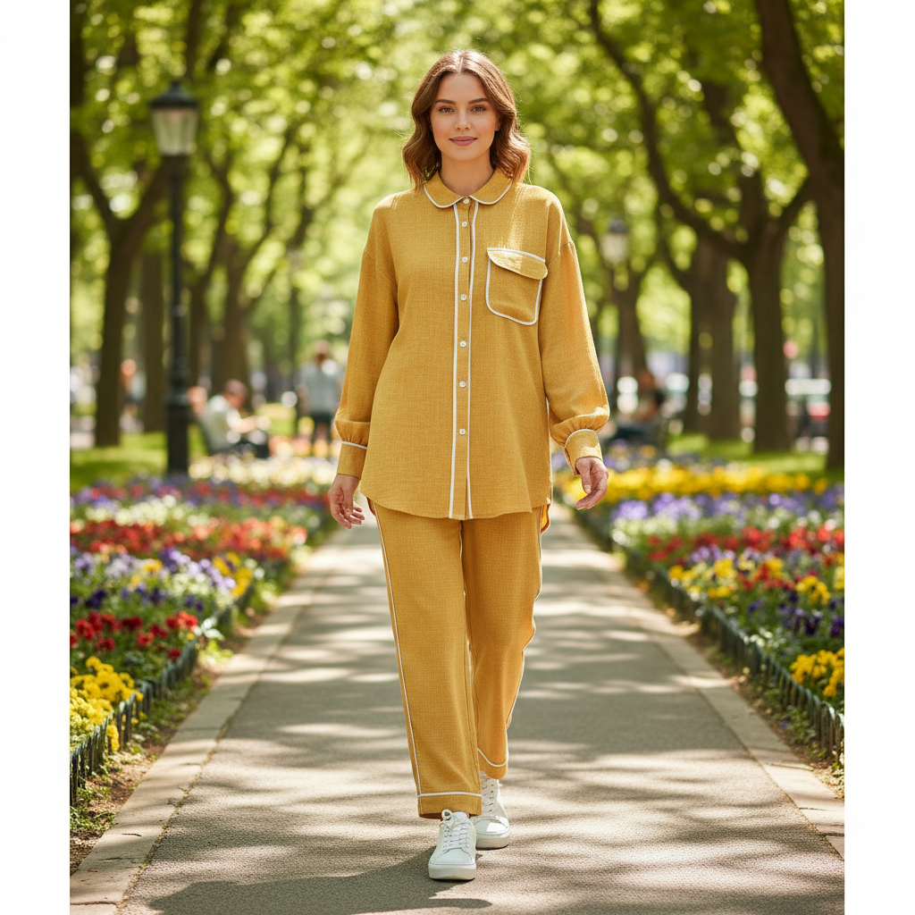 Udobni Loungewear Komplet Senf Žute Boje s Bijelim Detaljima Slika 3