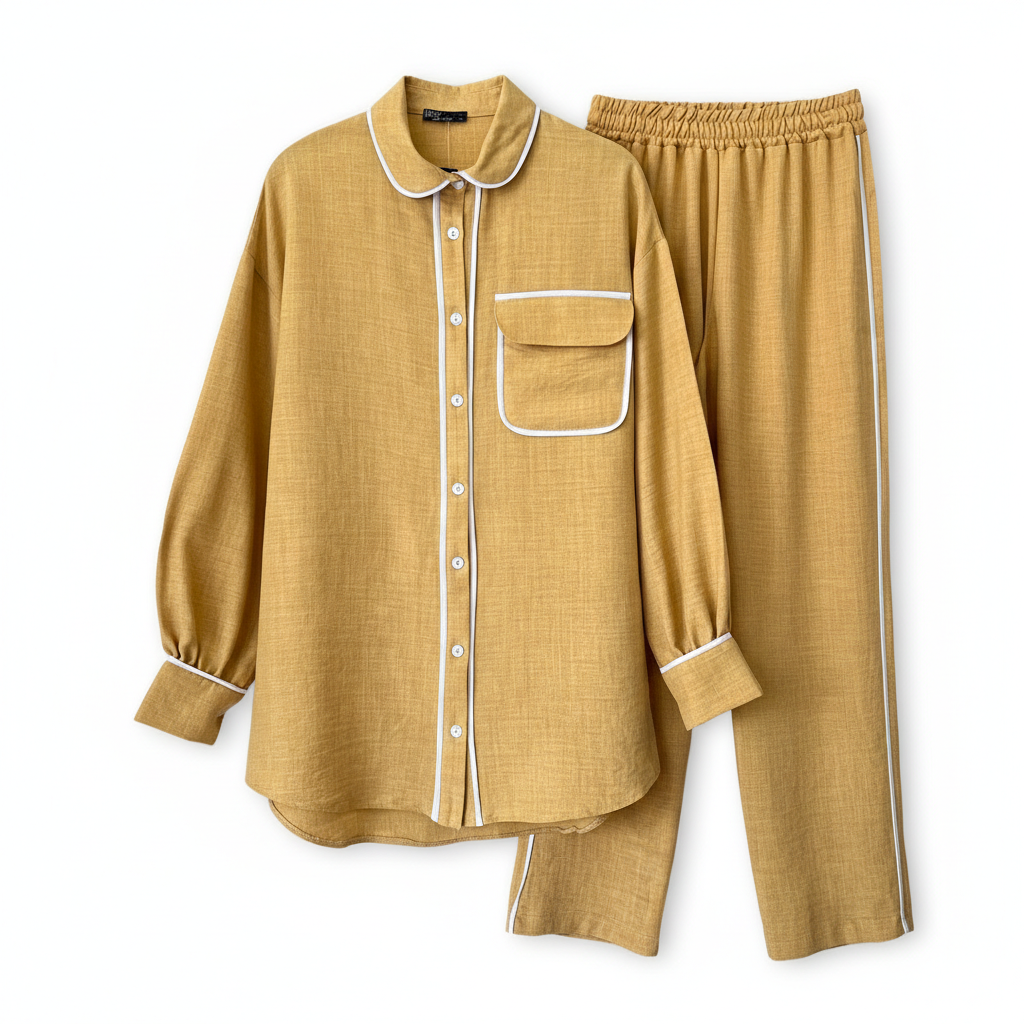 Udobni Loungewear Komplet Senf Žute Boje s Bijelim Detaljima Slika 1