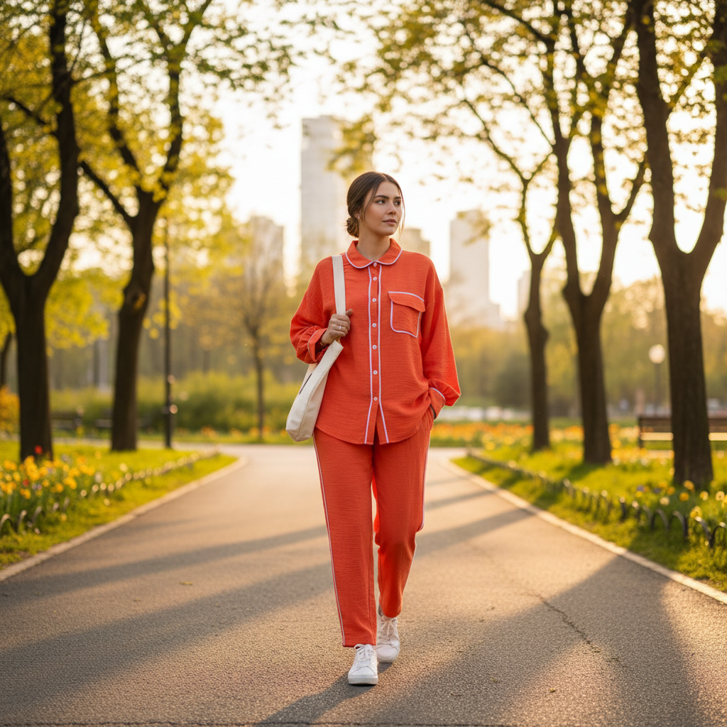 Elegantni Narančasti Dvodijelni Loungewear Set s Bijelim Rubom Slika 3