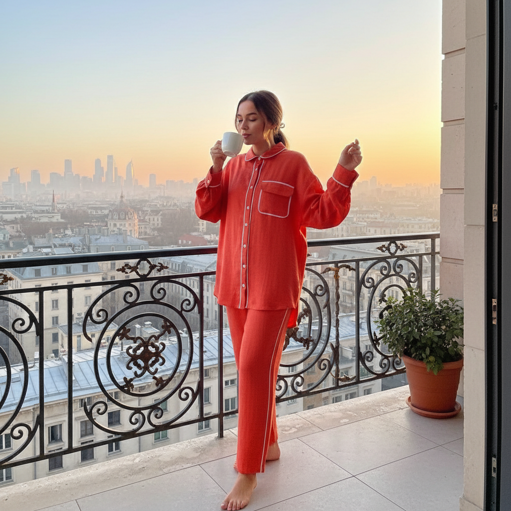 Elegantni Narančasti Dvodijelni Loungewear Set s Bijelim Rubom Slika 4