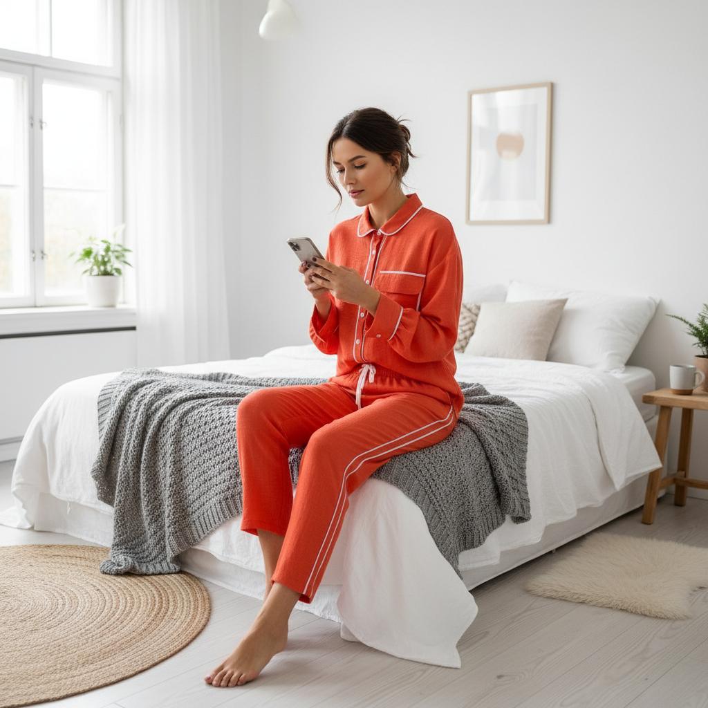 Elegantni Narančasti Dvodijelni Loungewear Set s Bijelim Rubom Slika 6