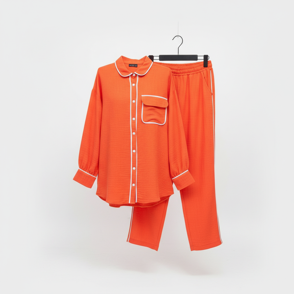 Elegantni Narančasti Dvodijelni Loungewear Set s Bijelim Rubom Slika 1