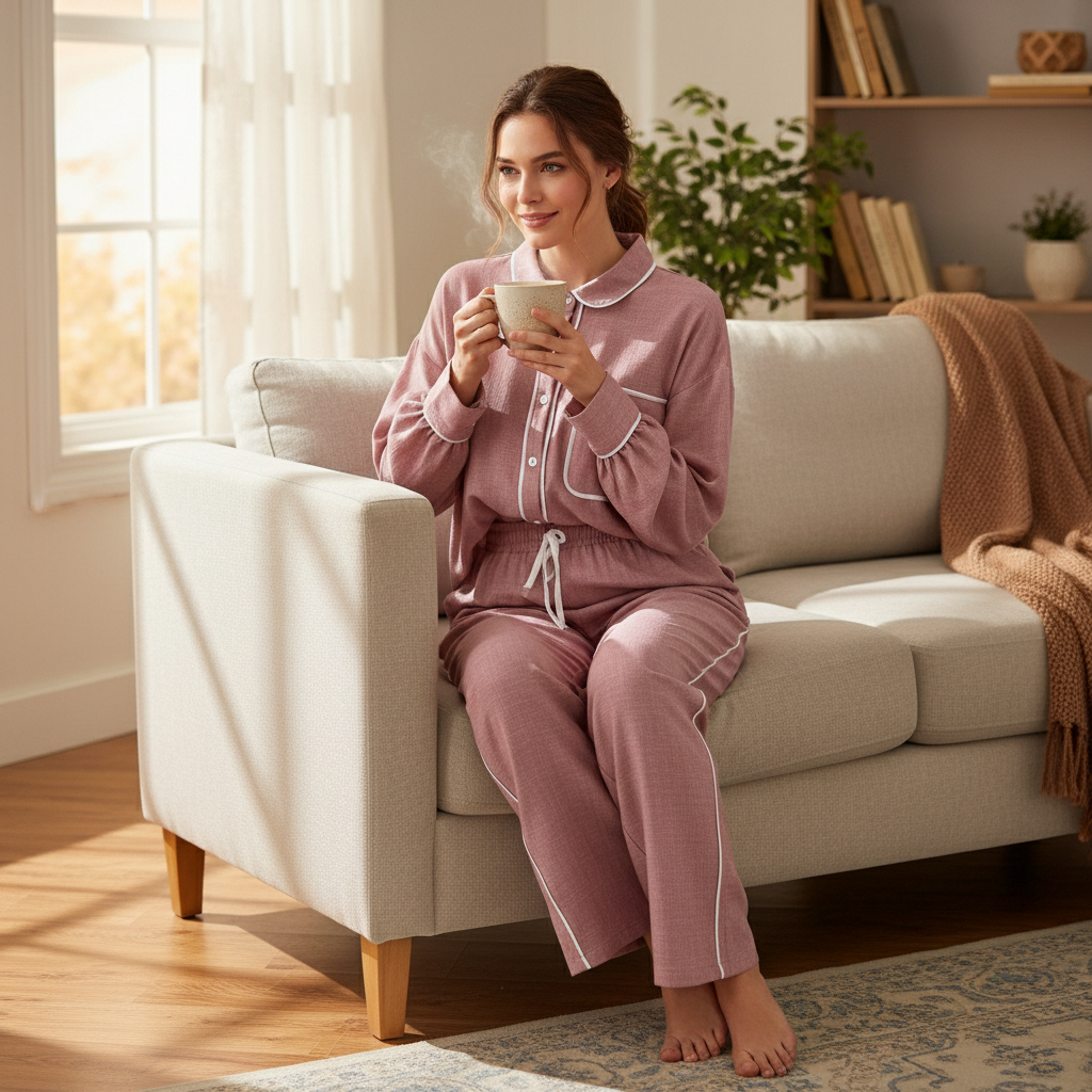 Udobni Ženski Set Za Spavanje i Dnevni Boravak UMS - Roza sa Bijelim Porubom Slika 2