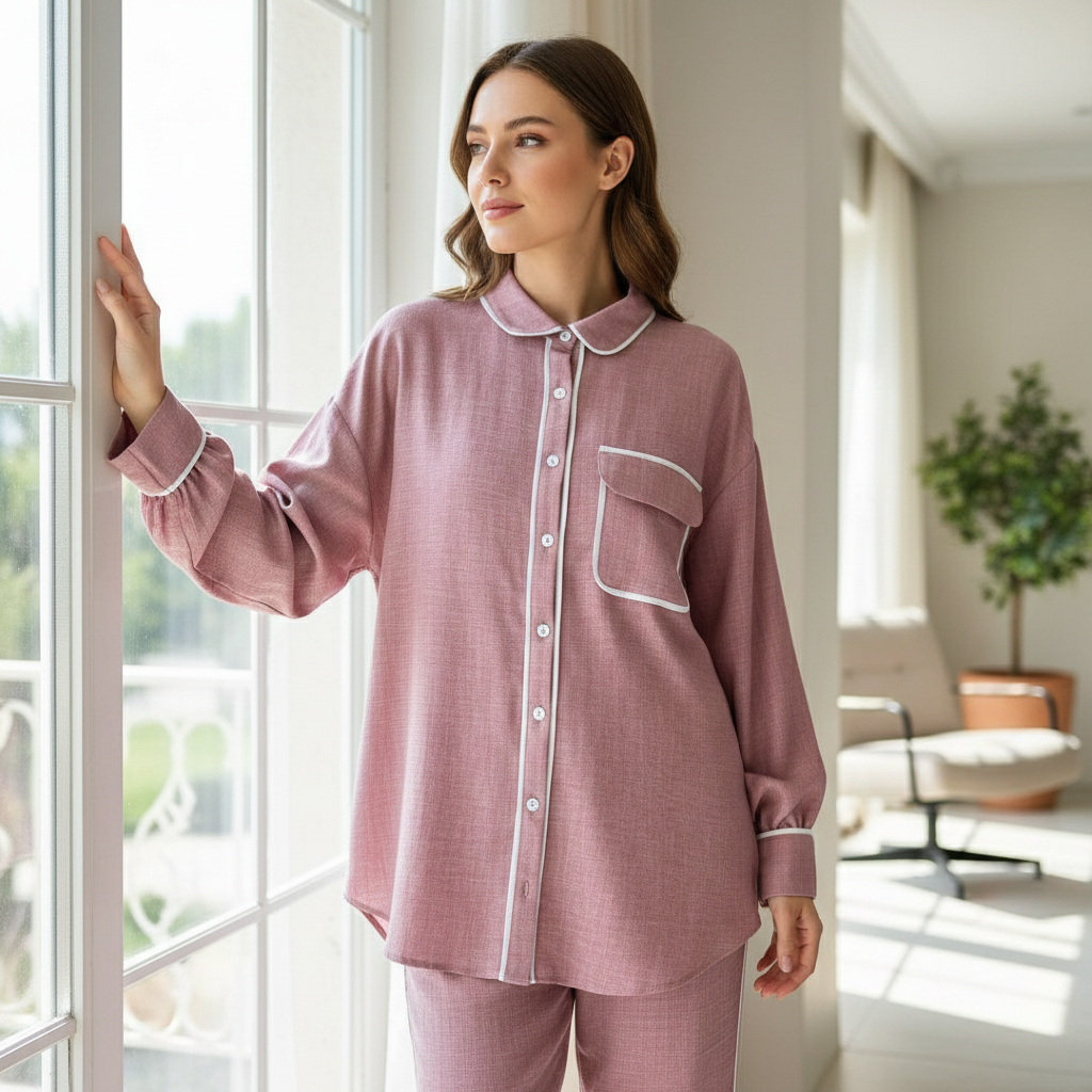 Udobni Ženski Set Za Spavanje i Dnevni Boravak UMS - Roza sa Bijelim Porubom Slika 4