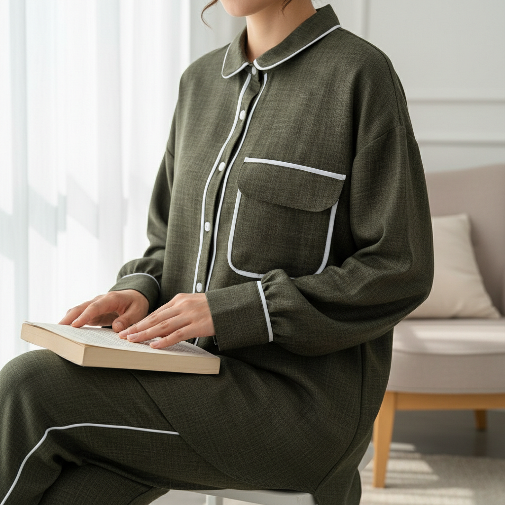 UMS Elegantni Dvodijelni Loungewear Set - Maslinasto Zelena Košulja i Hlače s Bijelim Detaljima Slika 4